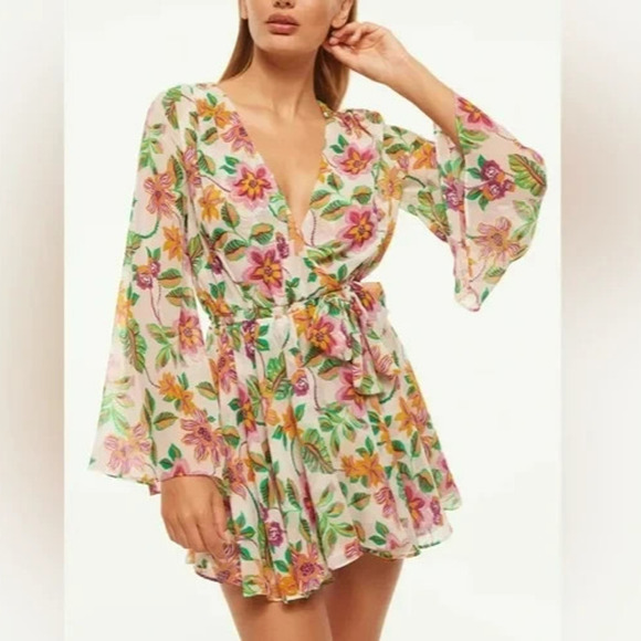 misa kaia floral chiffon mini dress Anthropologie Misa Floral Chiffon Dress Yellow Flowy Kaia Long Sleeve Size  L NEW